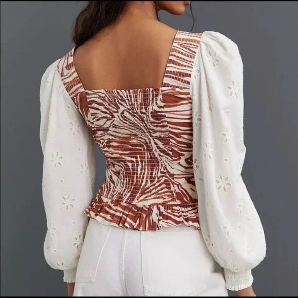 Boho Anthropologie Love the Label Smocked Puff Sleeve‎ Blouse XS bohemian - Picture 2 of 7